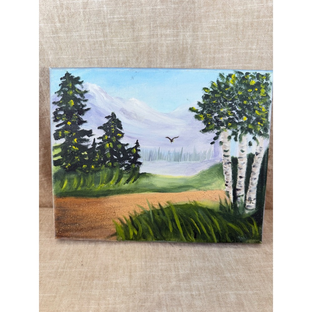Original Mountain Landscape Painting Birch Trees Evergreens 8x10 Canvas Art